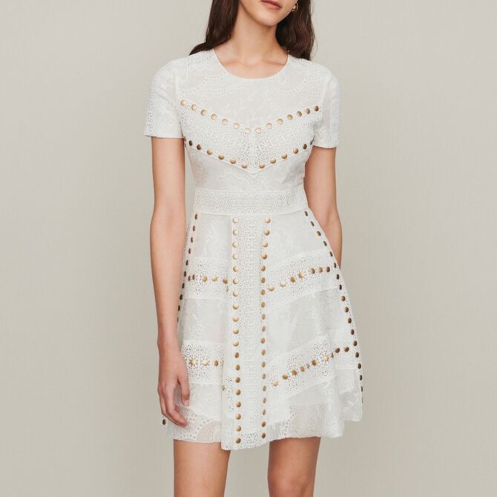 MAJE Rista Short Skater Dress with Studs in White Sz 1 / XS NWT